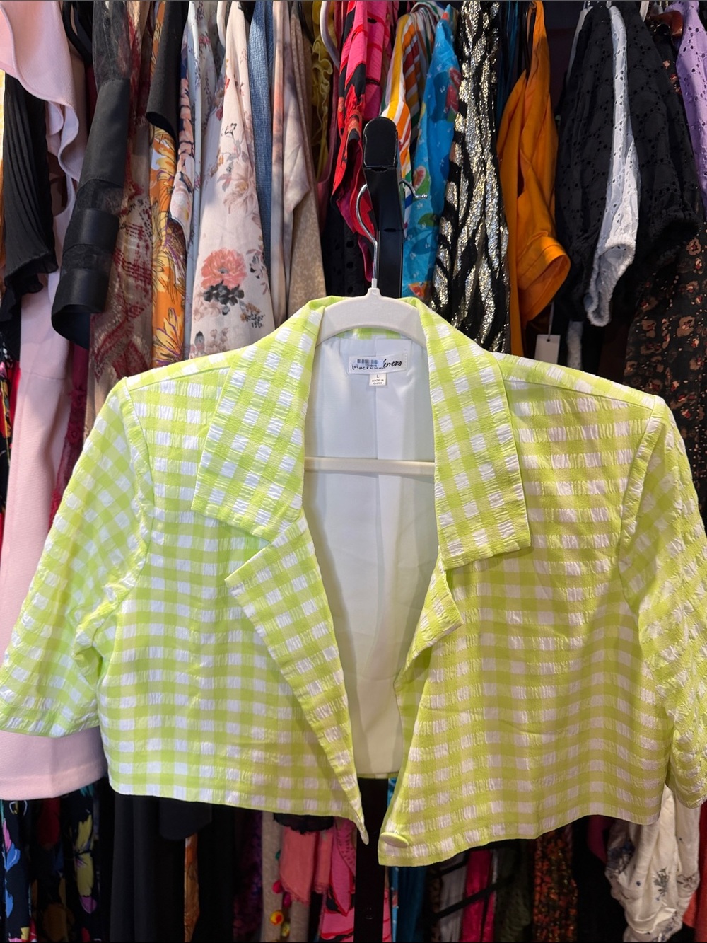 For Love & Lemons Lime Green and White Gingham Cropped Blazer
